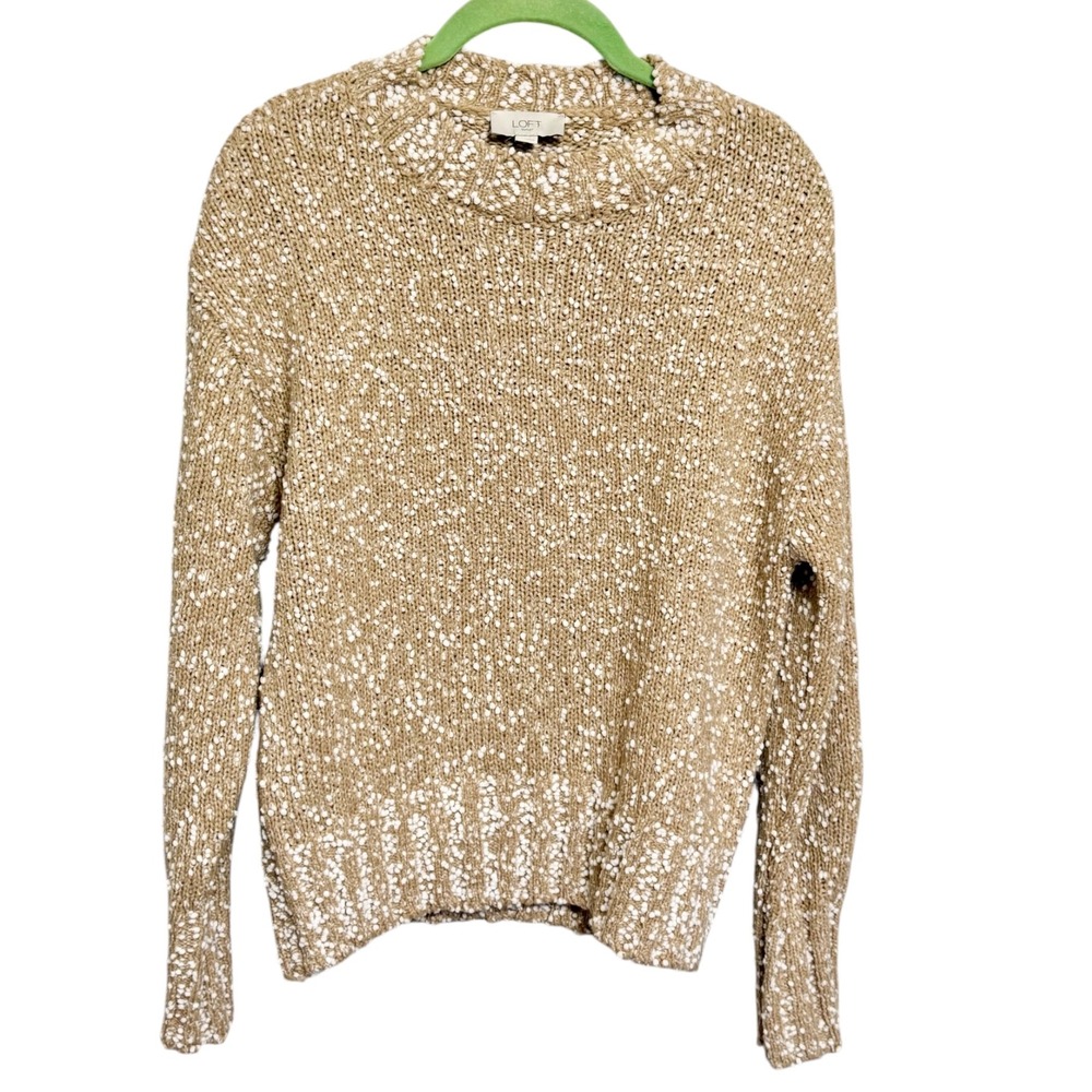 Loft Outlet‎ Womens Small Tan White Marled Chunky Knit Crewneck Pullover Sweater